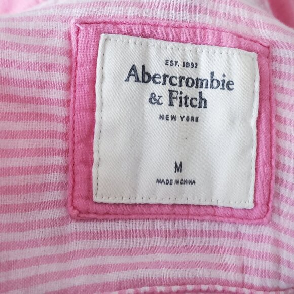 ABERCROMBIE & FITCH Women's Candy Pink Button Down Logo Shirt Striped Lining MED - Picture 9 of 10